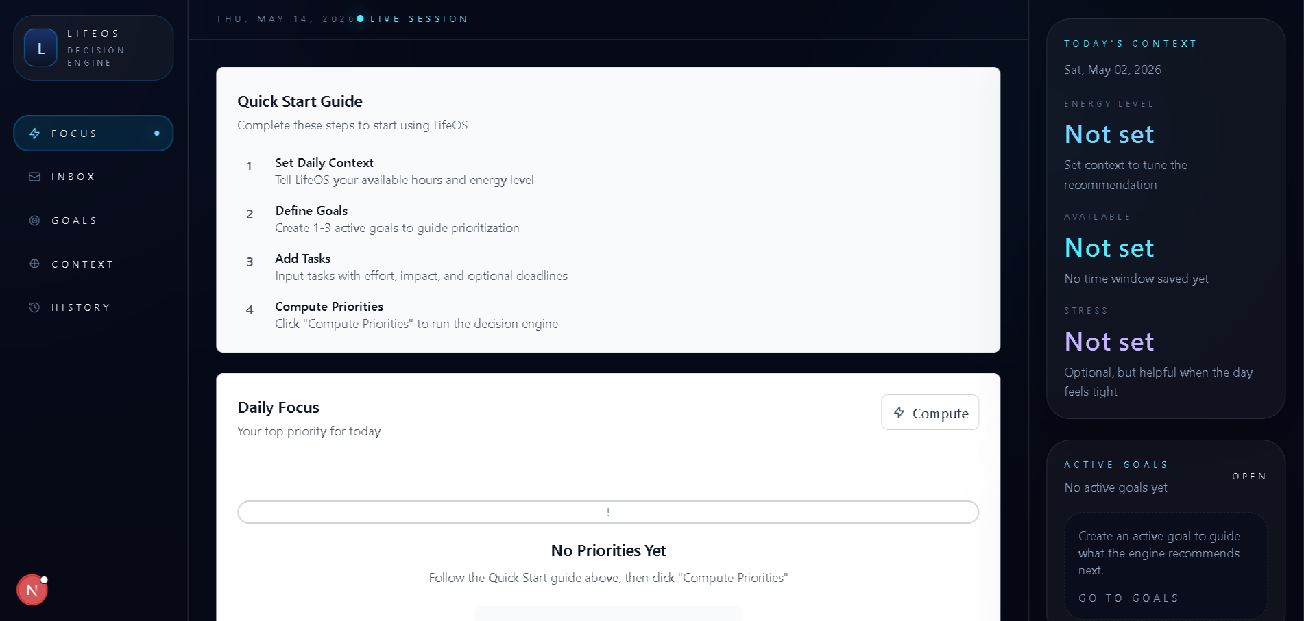 LifeOS dashboard showing the calm daily focus view and decision engine layout.